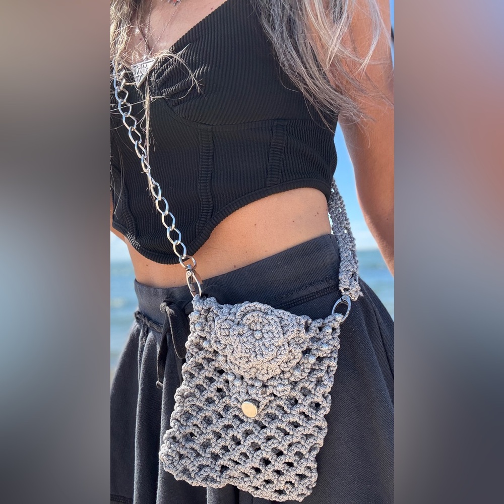 Gray Handmade Crochet Crossbody/Shoulder Bag – Adjustable Strap - Picture 2 of 11